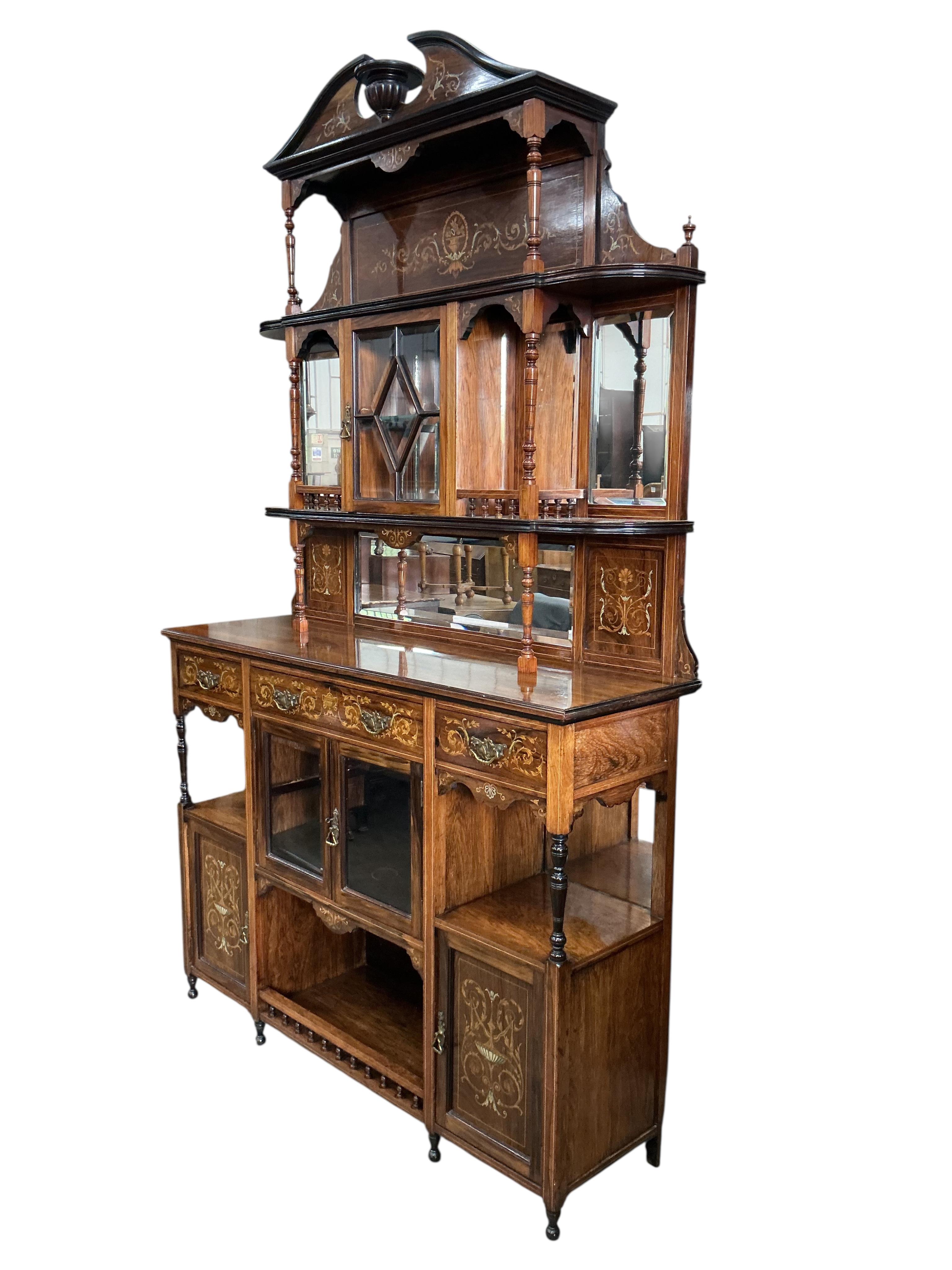 A late Victorian marquetry inlaid rosewood side cabinet, width 138cm, depth 42cm, height 228cm